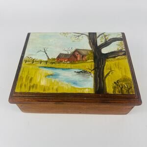 Hand Painted Barn Pond Country Scene Playing Card Trinket Box